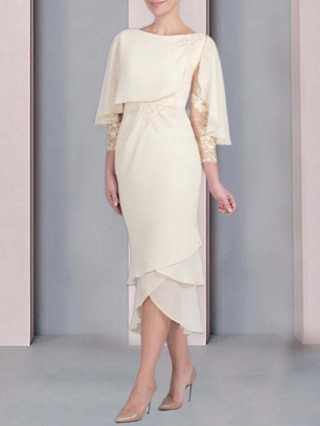 Tea-Length Mother of the Bride Dress with Scoop Neck Short Sleeves and Appliqued Lace