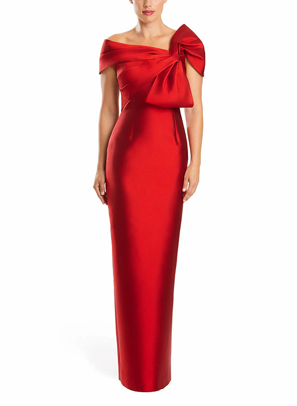 One-Shoulder Floor-Length Mother of the Bride Gown with Bow in Sheath/Column Style