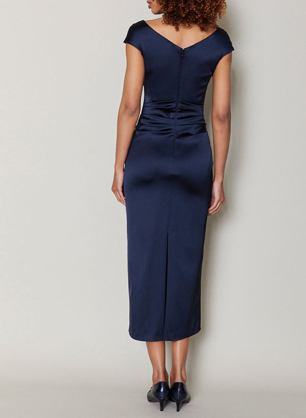 Short Sleeve Tea-Length Cowl Neck Sheath Dress with Ruffles for the Mother of the Bride