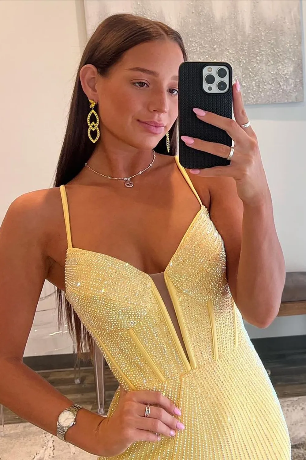 Red Beaded Mermaid Corset Prom Dress with Glitter and Spaghetti Straps Long with Slit