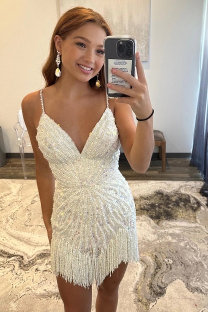 Short Homecoming Dress in White with Sequins Spaghetti Straps and Tassel