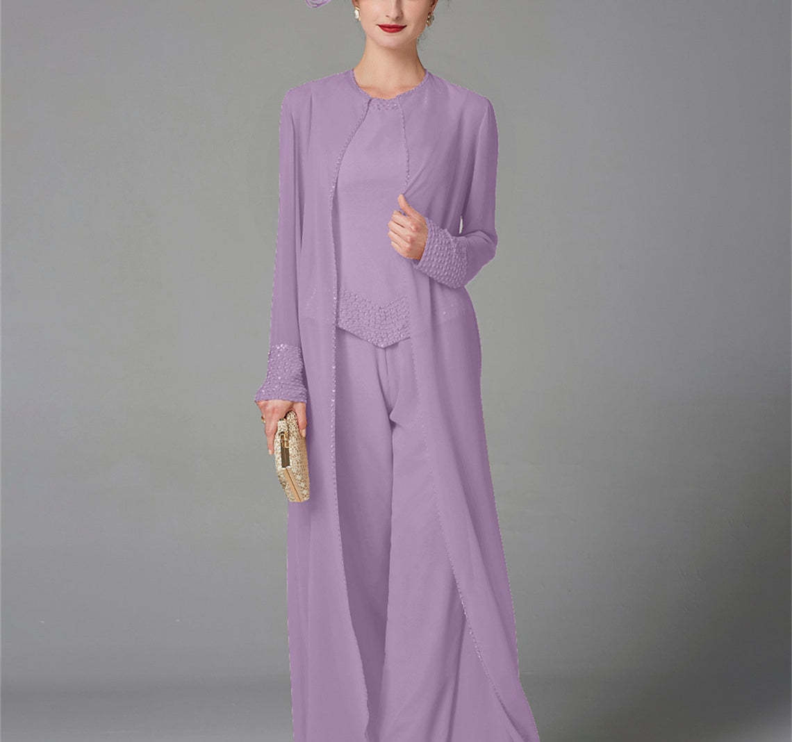Long-Sleeve Chiffon Mother of the Bride Pantsuit with Jacket and Sequins