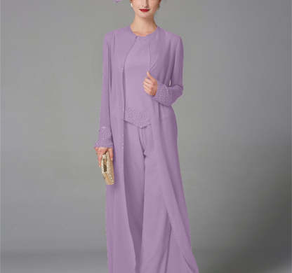 Long-Sleeve Chiffon Mother of the Bride Pantsuit with Jacket and Sequins
