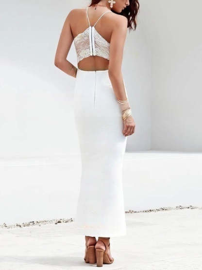 Lace Bridesmaid Dresses - Sheath/Column V-neck Stretch Crepe Ankle-length