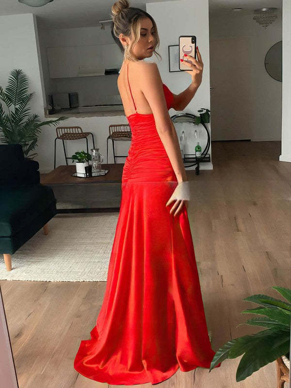 Sheath/Column Square Neckline Silk-like Satin Sweep Train Ruffles Bridesmaid Dresses