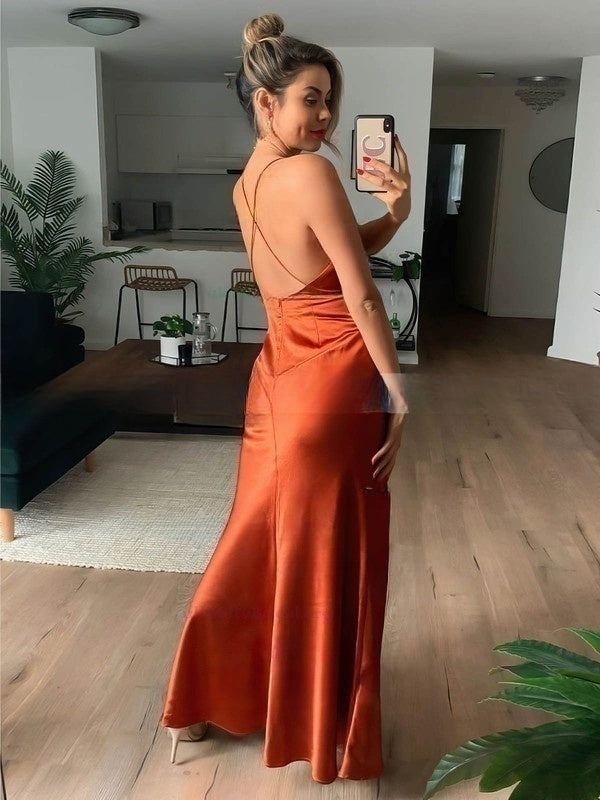 V-neck Silk-like Satin Floor-length Bridesmaid Dress with Sheath/Column Split Front