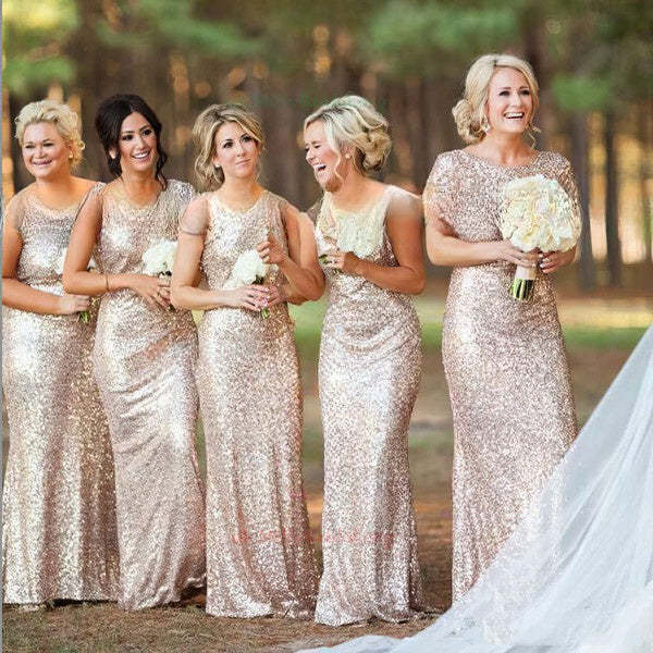 Sequined Short Sleeve Sheath/Column Scoop Neck Backless Bridesmaid Dresses