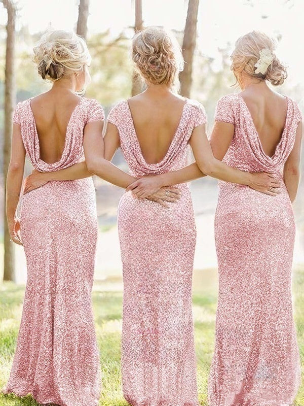 Sequined Short Sleeve Sheath/Column Scoop Neck Backless Bridesmaid Dresses
