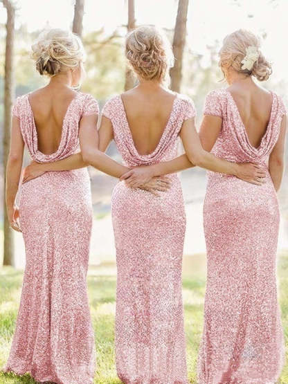 Sequined Short Sleeve Sheath/Column Scoop Neck Backless Bridesmaid Dresses