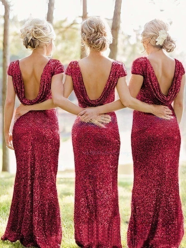 Sequined Short Sleeve Sheath/Column Scoop Neck Backless Bridesmaid Dresses