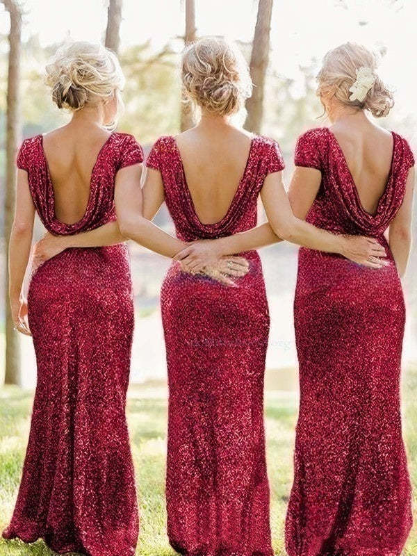 Sequined Short Sleeve Sheath/Column Scoop Neck Backless Bridesmaid Dresses