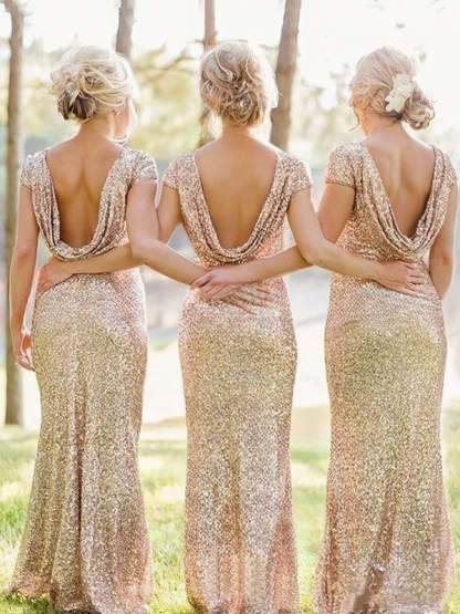 Sequined Short Sleeve Sheath/Column Scoop Neck Backless Bridesmaid Dresses