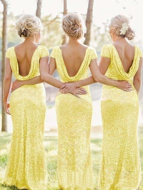 Sequined Short Sleeve Sheath/Column Scoop Neck Backless Bridesmaid Dresses