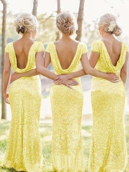 Sequined Short Sleeve Sheath/Column Scoop Neck Backless Bridesmaid Dresses