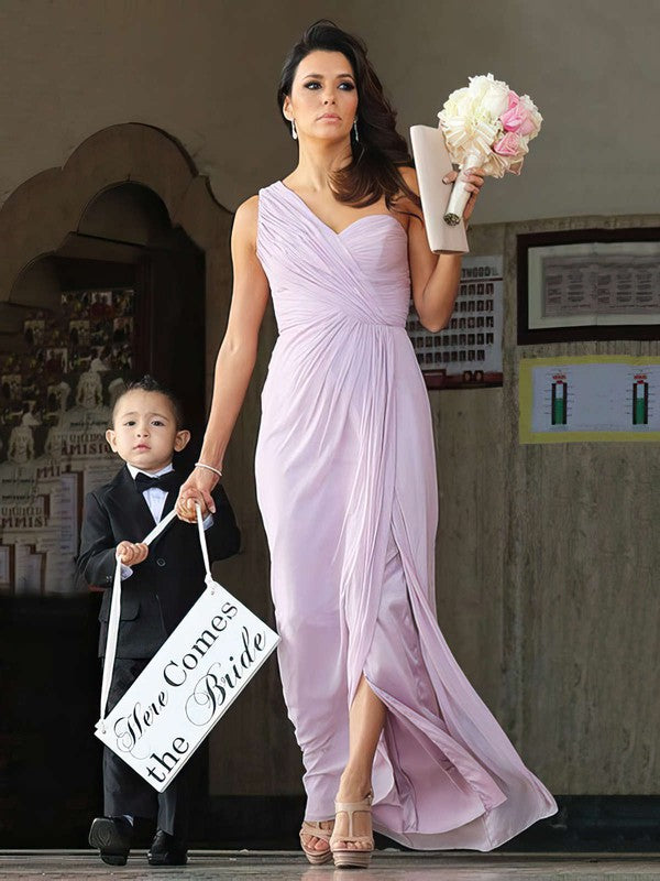 Sheath Column One-Shoulder Chiffon Floor-Length Split Front Bridesmaid Dress