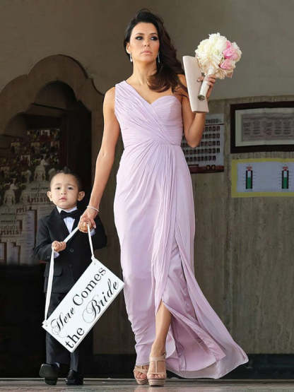 Sheath Column One-Shoulder Chiffon Floor-Length Split Front Bridesmaid Dress