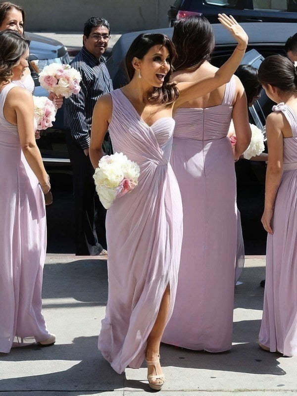 Sheath Column One-Shoulder Chiffon Floor-Length Split Front Bridesmaid Dress