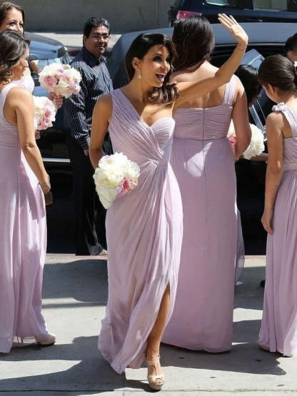 Sheath Column One-Shoulder Chiffon Floor-Length Split Front Bridesmaid Dress