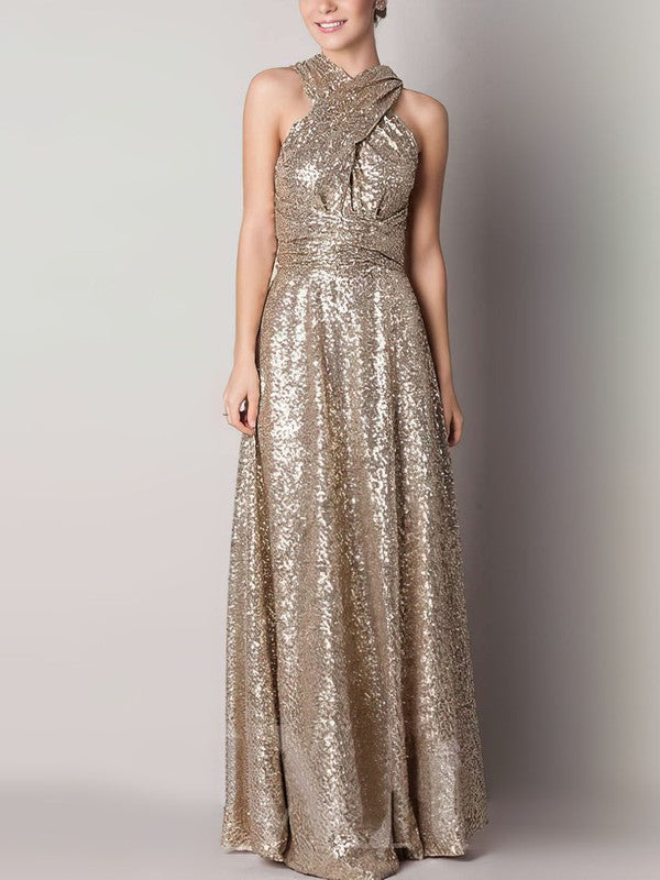 Backless A-line V-neck Gold Sequined Sexy Bridesmaid Dress
