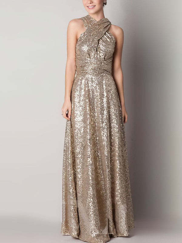 Backless A-line V-neck Gold Sequined Sexy Bridesmaid Dress