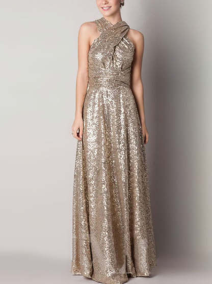 Backless A-line V-neck Gold Sequined Sexy Bridesmaid Dress
