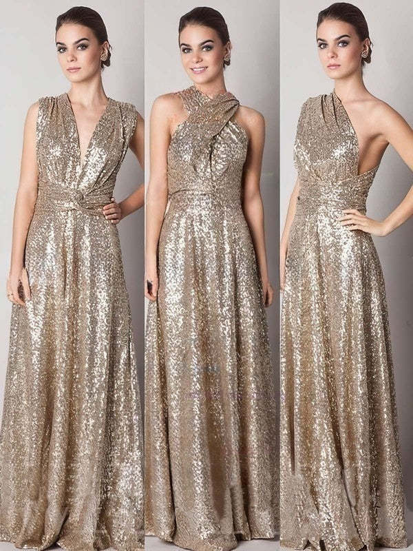 Backless A-line V-neck Gold Sequined Sexy Bridesmaid Dress