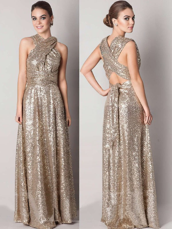 Backless A-line V-neck Gold Sequined Sexy Bridesmaid Dress