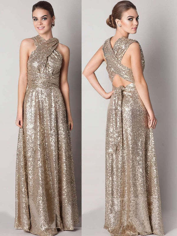 Backless A-line V-neck Gold Sequined Sexy Bridesmaid Dress