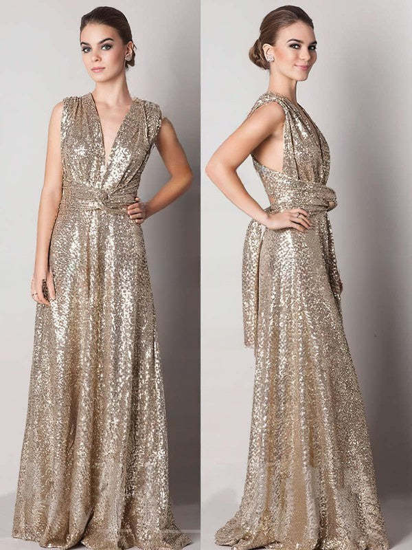 Backless A-line V-neck Gold Sequined Sexy Bridesmaid Dress