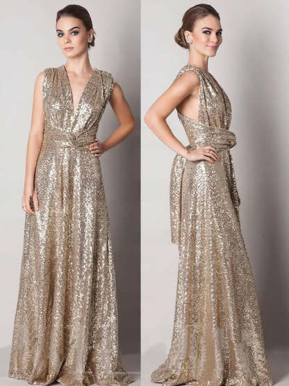 Backless A-line V-neck Gold Sequined Sexy Bridesmaid Dress
