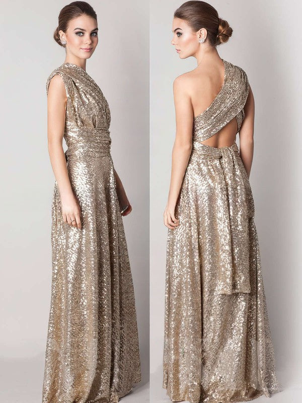 Backless A-line V-neck Gold Sequined Sexy Bridesmaid Dress