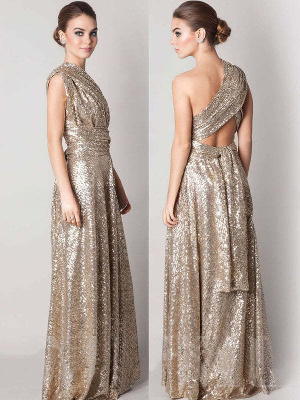 Backless A-line V-neck Gold Sequined Sexy Bridesmaid Dress