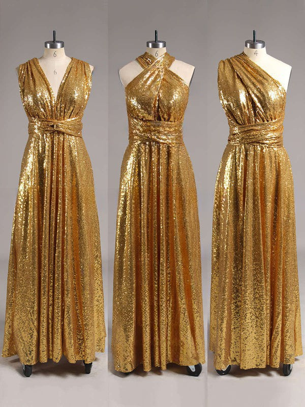 Backless A-line V-neck Gold Sequined Sexy Bridesmaid Dress