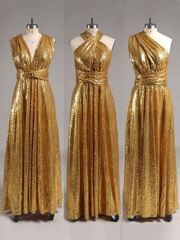 Backless A-line V-neck Gold Sequined Sexy Bridesmaid Dress