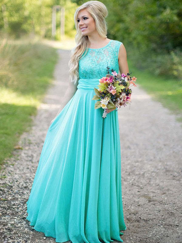 Gorgeous Scoop Neck Lace Chiffon Ruched Floor-length Bridesmaid Dresses