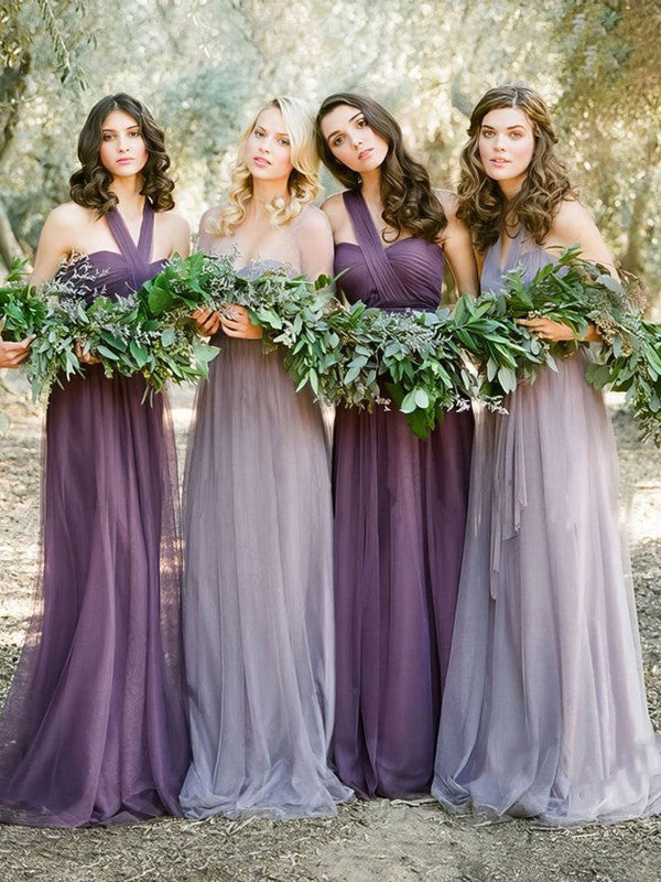 Amazing Tulle Sweep Train Halter Bridesmaid Dresses with Ruffles