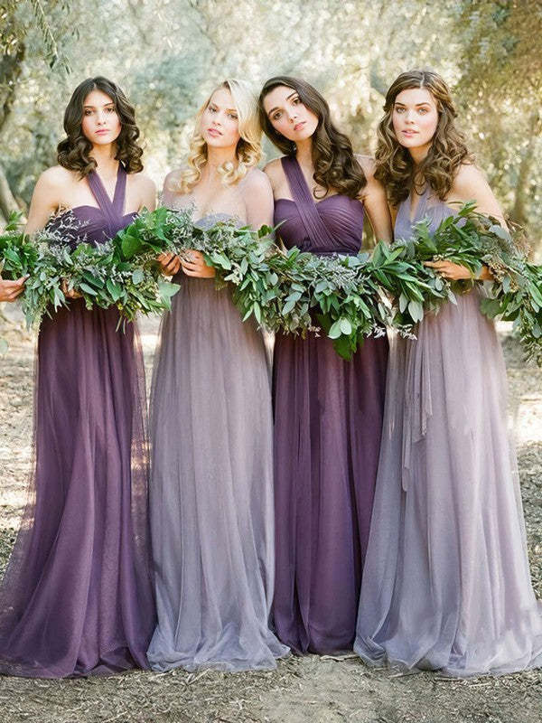 Amazing Tulle Sweep Train Halter Bridesmaid Dresses with Ruffles