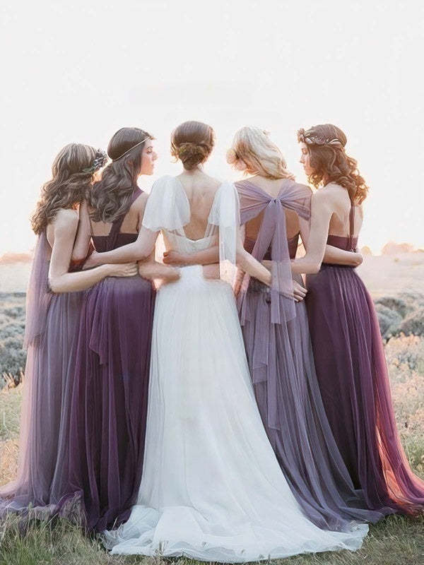 Amazing Tulle Sweep Train Halter Bridesmaid Dresses with Ruffles