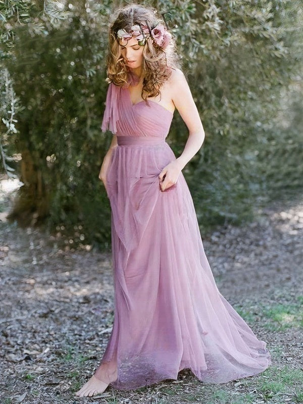 Amazing Tulle Sweep Train Halter Bridesmaid Dresses with Ruffles