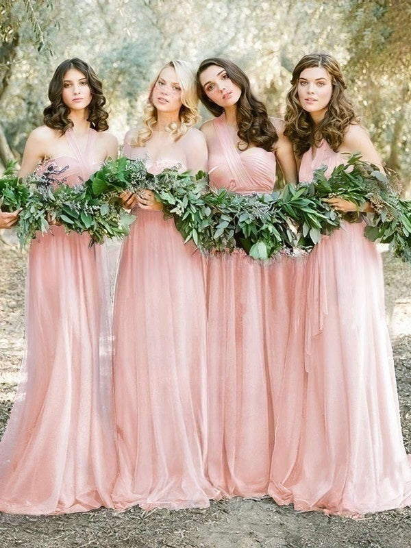 Amazing Tulle Sweep Train Halter Bridesmaid Dresses with Ruffles