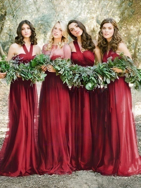 Amazing Tulle Sweep Train Halter Bridesmaid Dresses with Ruffles