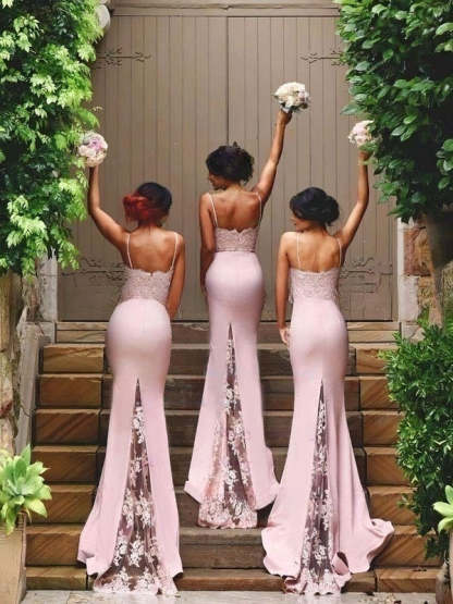 Silk-like Satin Sweetheart Trumpet/Mermaid Bridesmaid Dresses with Appliques Lace and Sweep Train