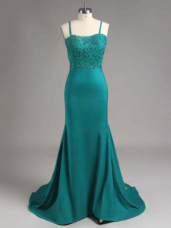 Silk-like Satin Sweetheart Trumpet/Mermaid Bridesmaid Dresses with Appliques Lace and Sweep Train