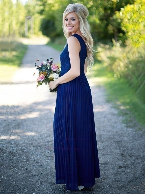 Elegant A-line V-neck Lace Chiffon Floor-length Bridesmaid Dresses with Pleats