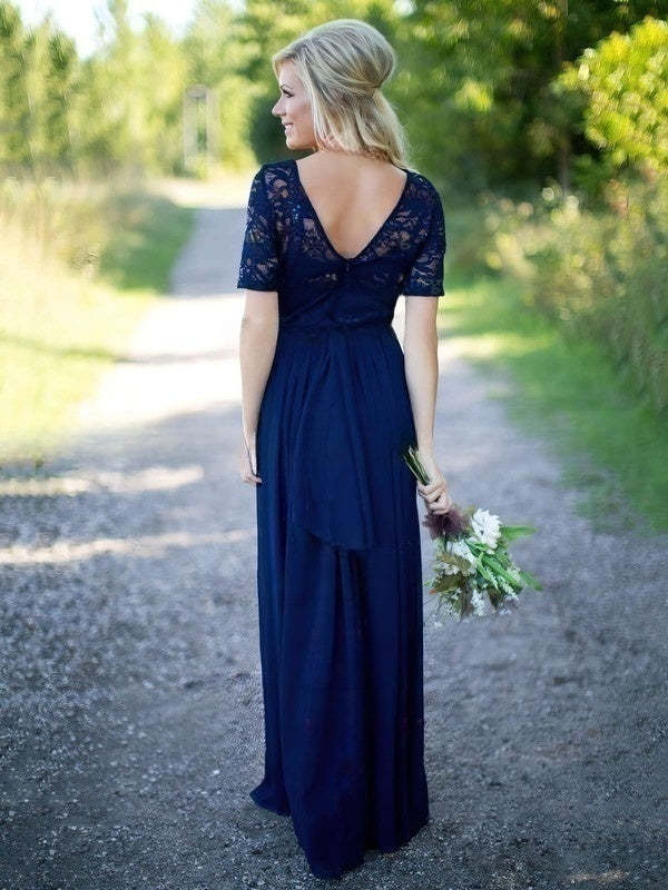 A-line Scoop Neck Lace Chiffon Floor-length Sequins Short Sleeve Bridesmaid Dress