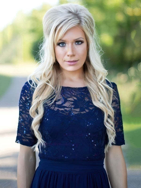 A-line Scoop Neck Lace Chiffon Floor-length Sequins Short Sleeve Bridesmaid Dress