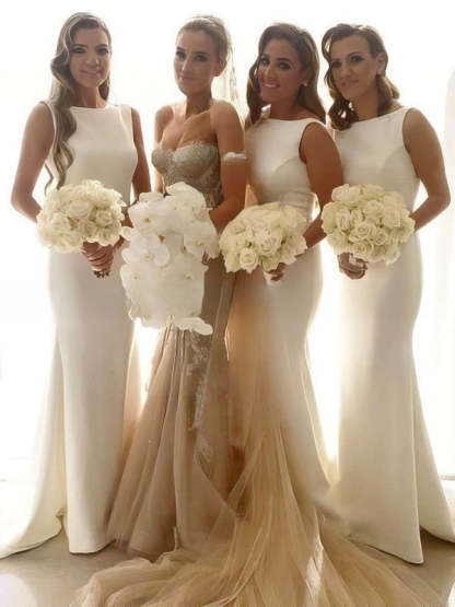 Trumpet/Mermaid Scoop Neck Stretch Crepe Sweep Train White Bridesmaid Dresses