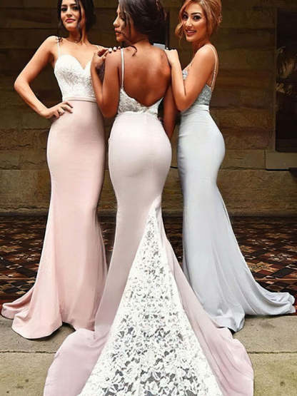Silk-like Satin Trumpet/Mermaid Sweetheart Sweep Train Appliques Lace Bridesmaid Dresses