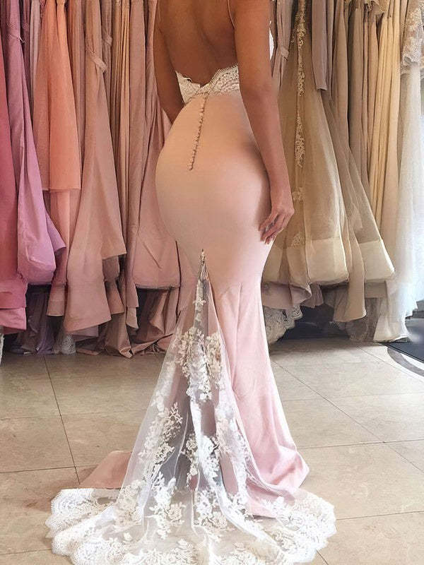 Silk-like Satin Trumpet/Mermaid Sweetheart Sweep Train Appliques Lace Bridesmaid Dresses