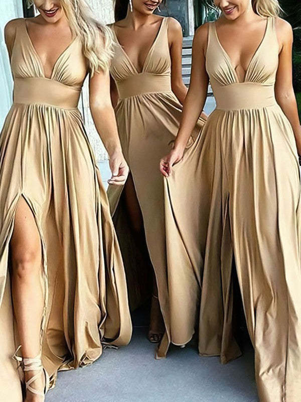 Silk-like Satin V-neck A-line Split Front Bridesmaid Dresses